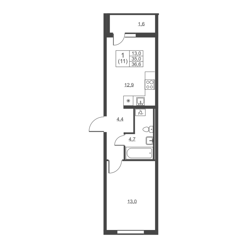 1 ккв 36,6 м²