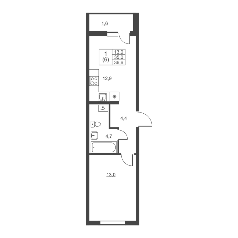 1 ккв 36,6 м²