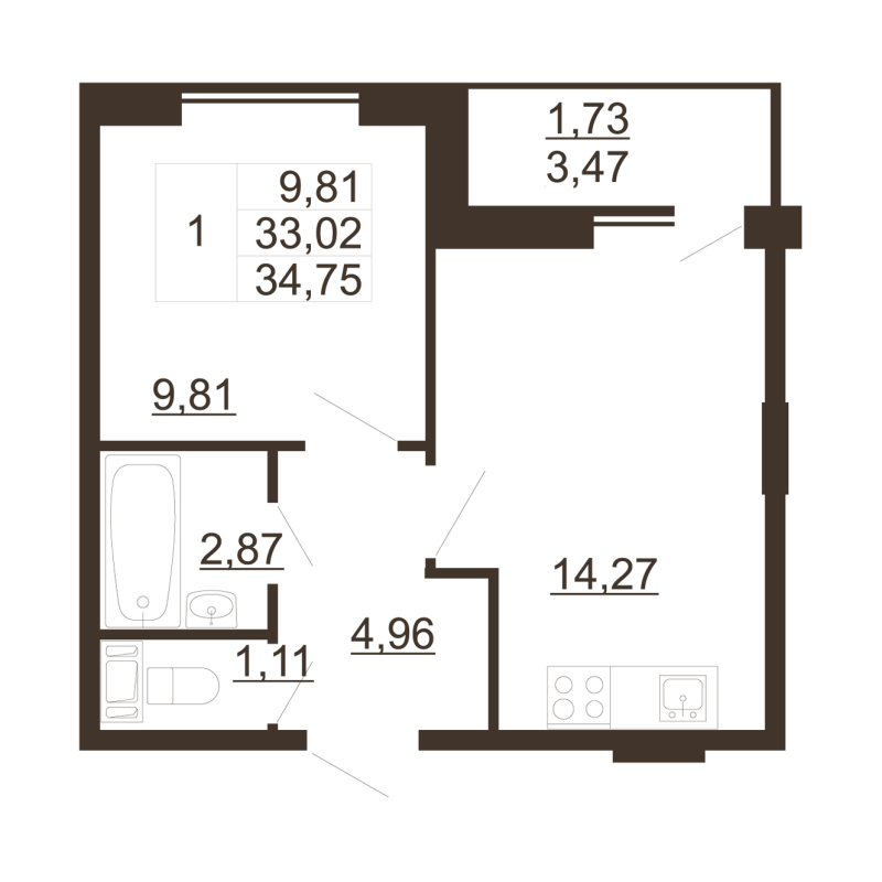 1 ккв 33,4 м²