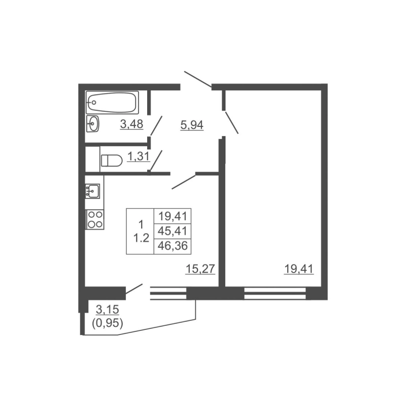 2 ккв (Евро) 45,3 м²