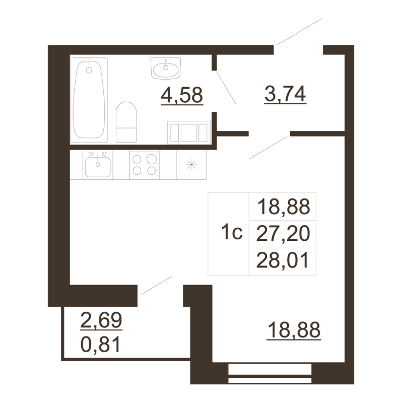 Студия 28 м²