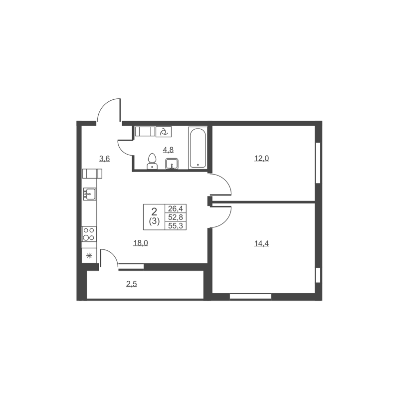 3 ккв (Евро) 55,3 м²