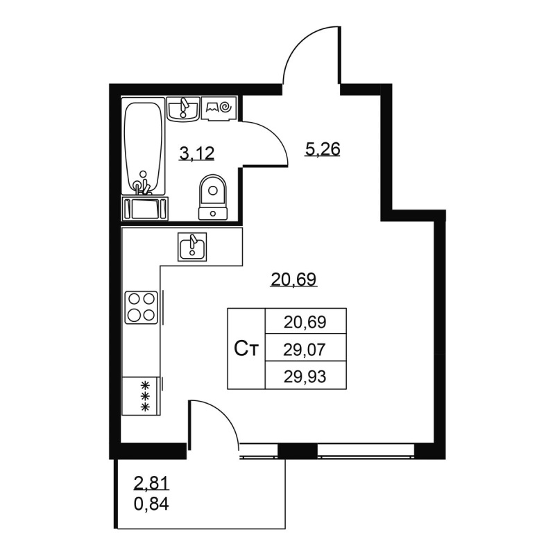 Студия 29,9 м²
