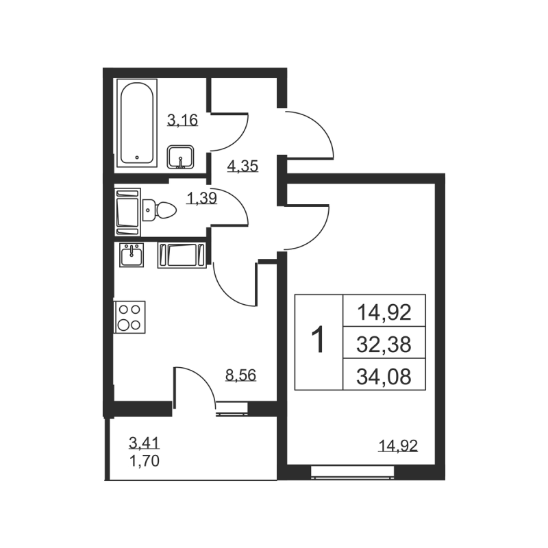 1 ккв 34,1 м²