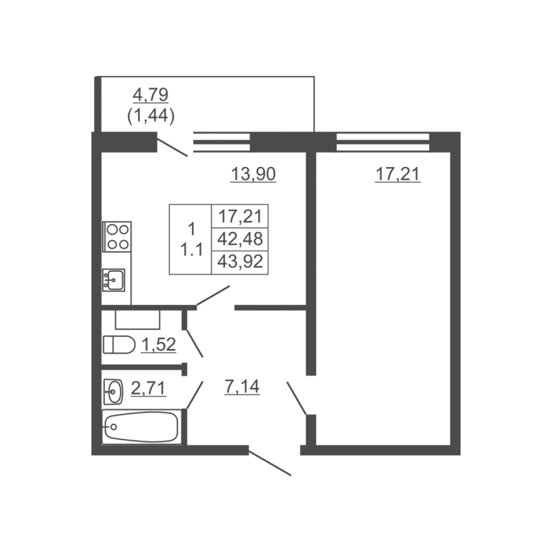 1 ккв 42,4 м²