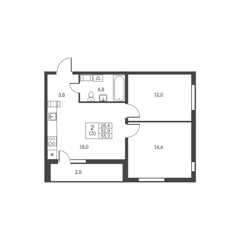 3 ккв (Евро) 55,3 м²
