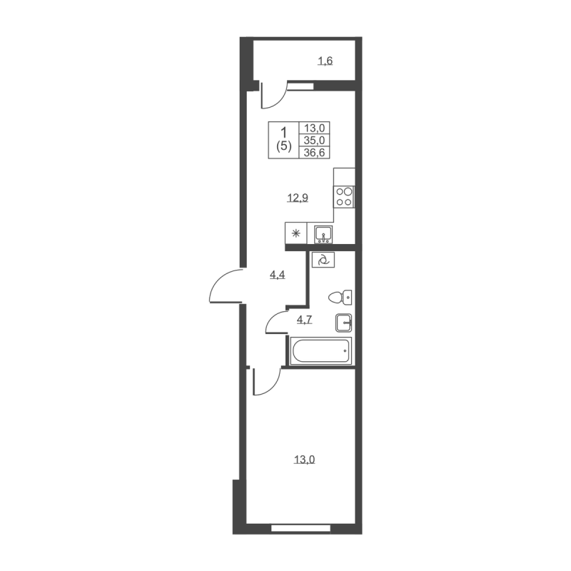 1 ккв 36,6 м²