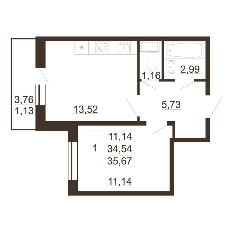 1 ккв 35,7 м²