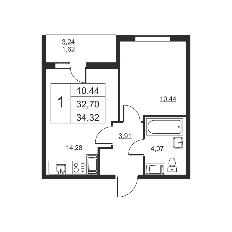 1 ккв 34,3 м²