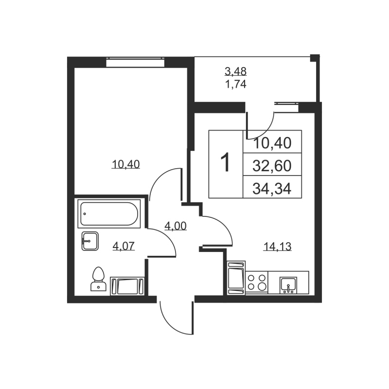 1 ккв 34,3 м²
