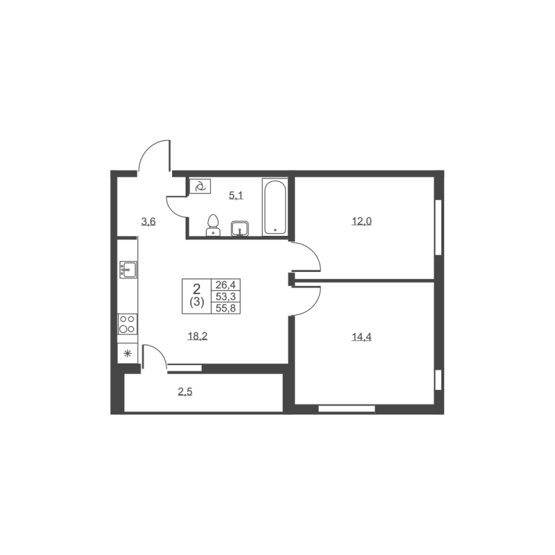 3 ккв (Евро) 55,8 м²