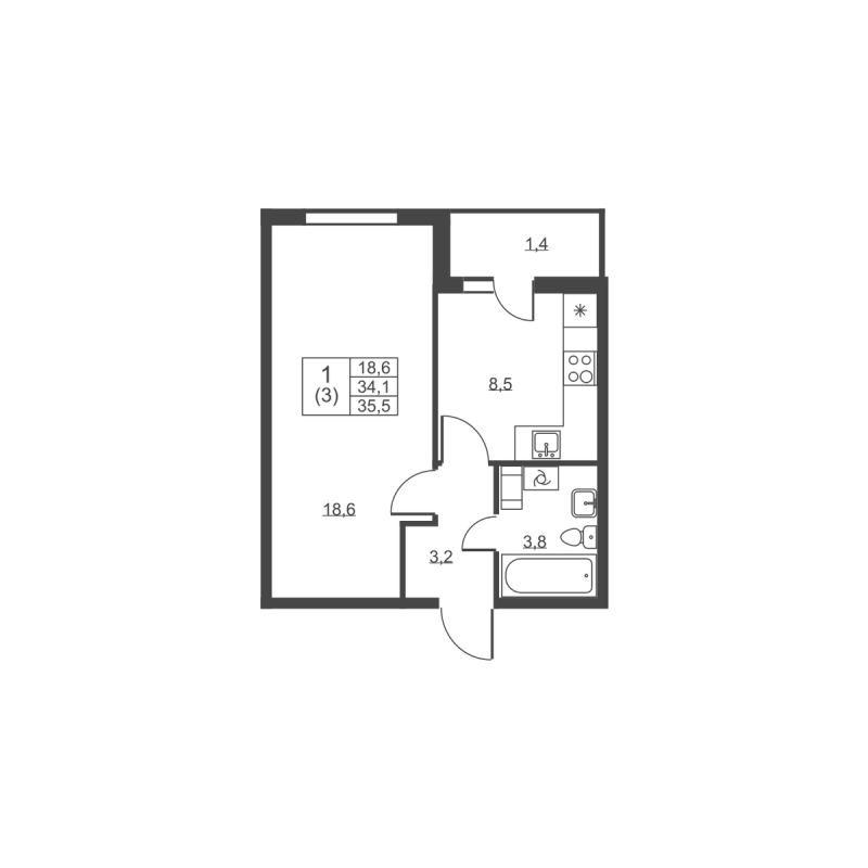 1 ккв 35,5 м²