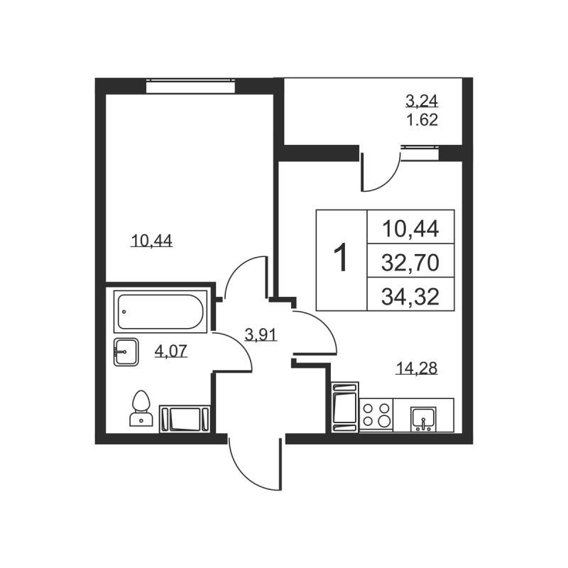 1 ккв 34,3 м²