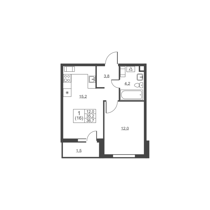 1 ккв 36,7 м²