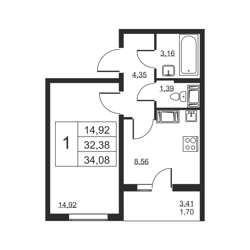 1 ккв 34,1 м²