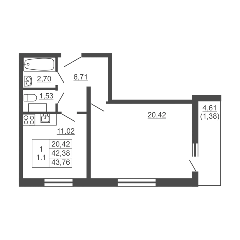 1 ккв 42,3 м²
