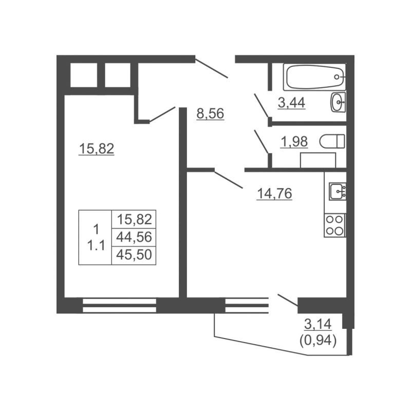 1 ккв 43 м²