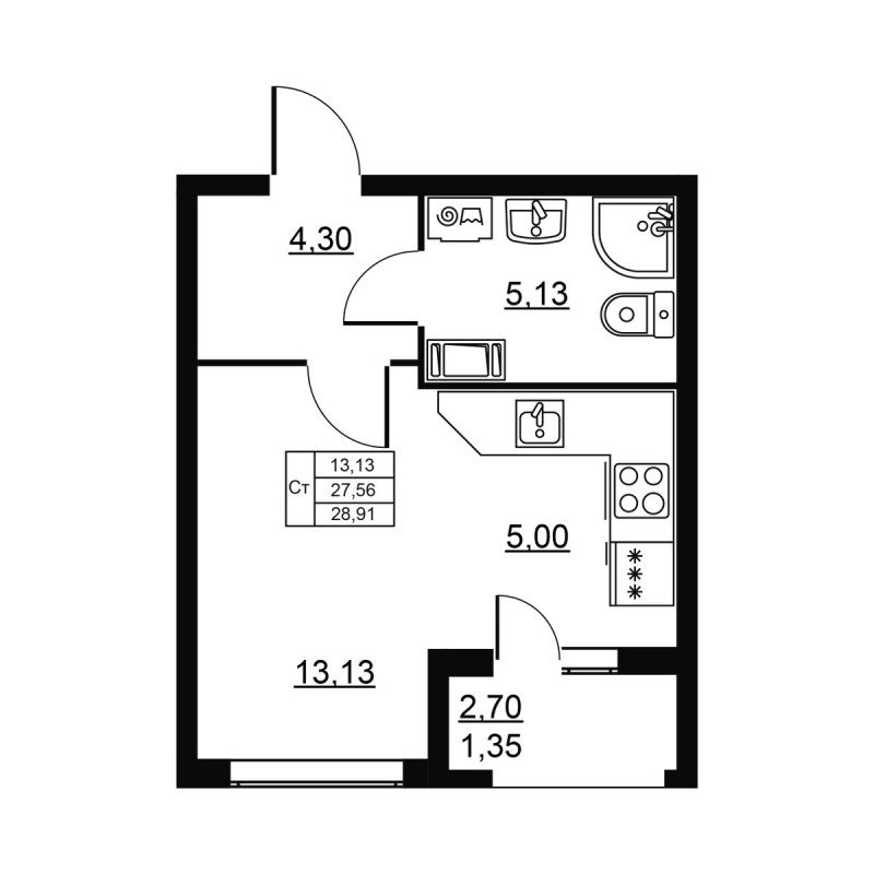 Студия 28,9 м²