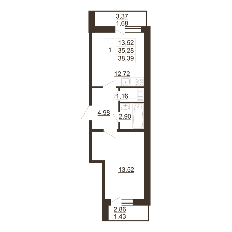 1 ккв 38,4 м²