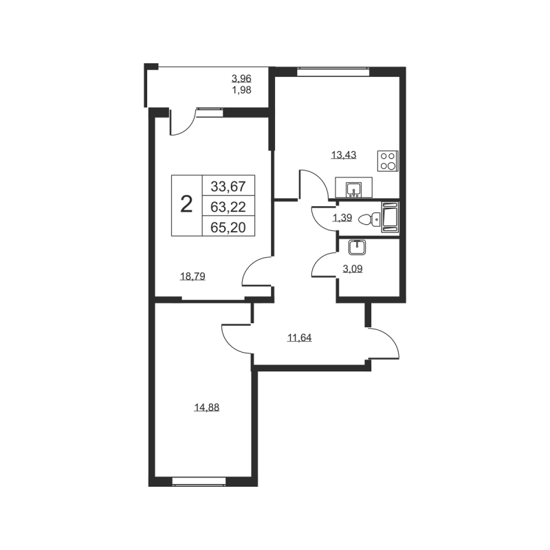 2 ккв 65,2 м²