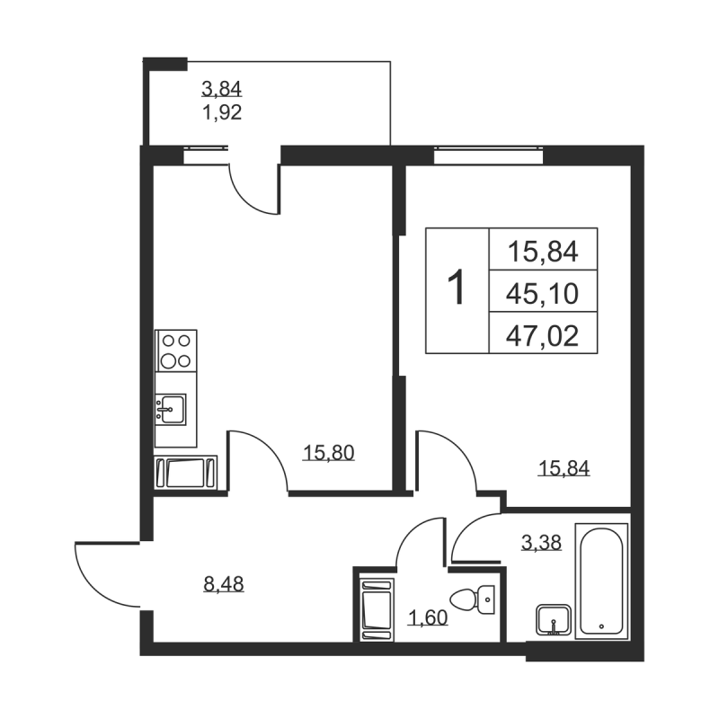 2 ккв (Евро) 47 м²
