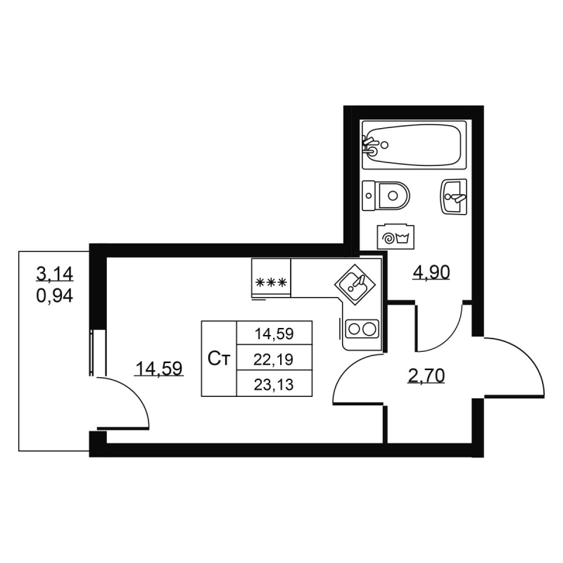 Студия 23,1 м²