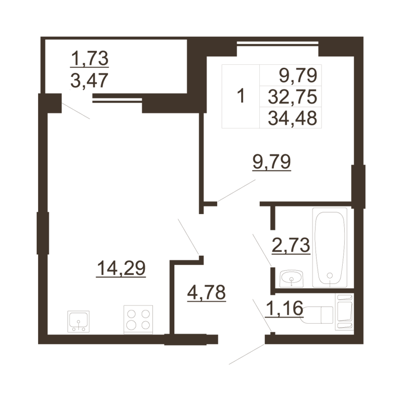 1 ккв 33,5 м²