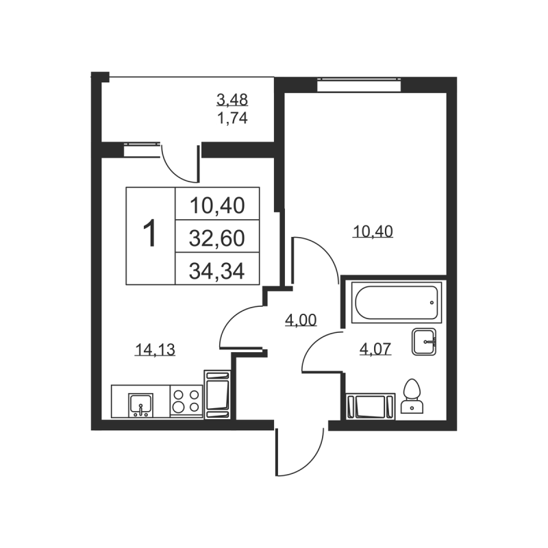 1 ккв 34,3 м²