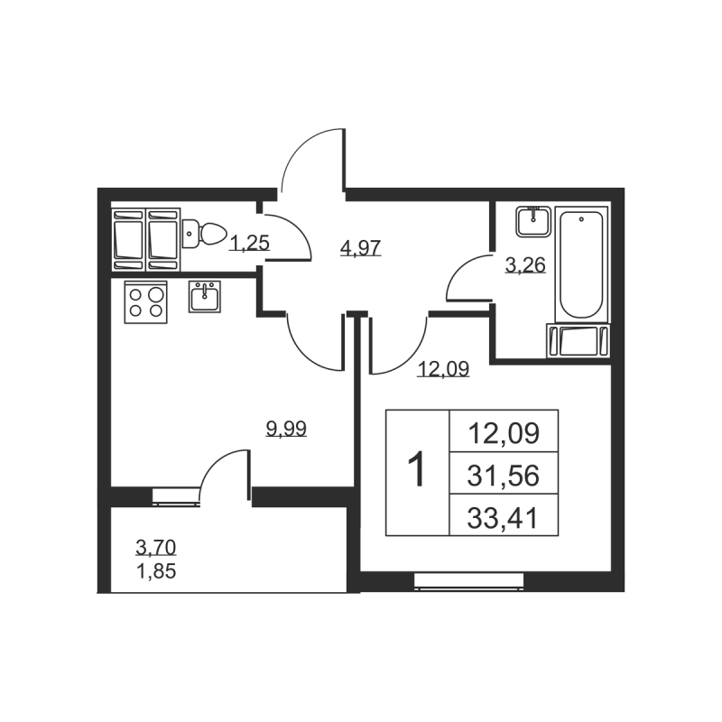 1 ккв 33,4 м²