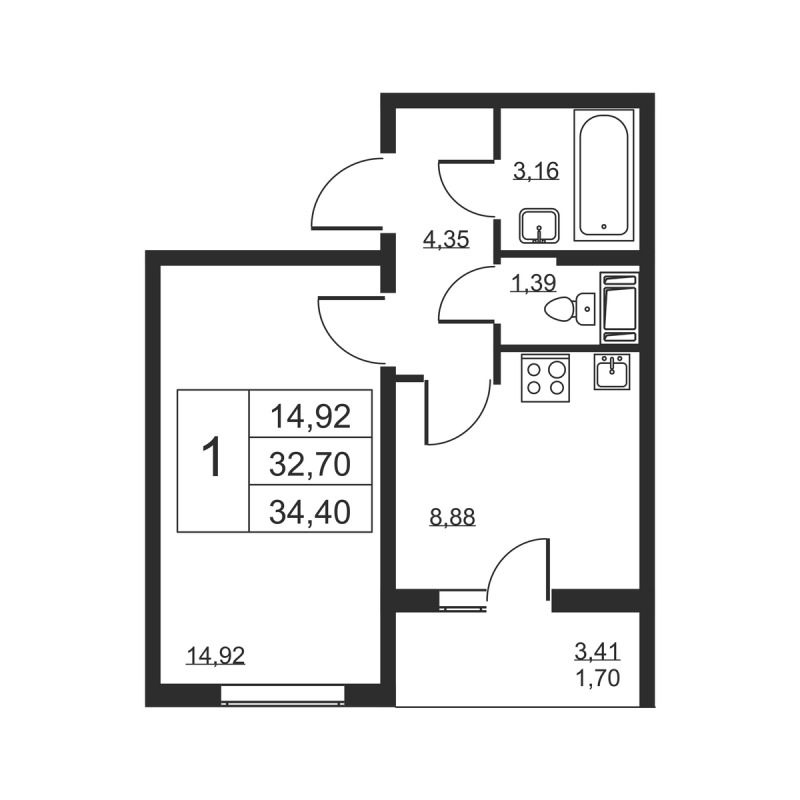 1 ккв 34,4 м²