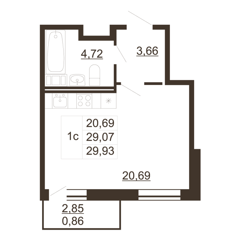 Студия 29,9 м²