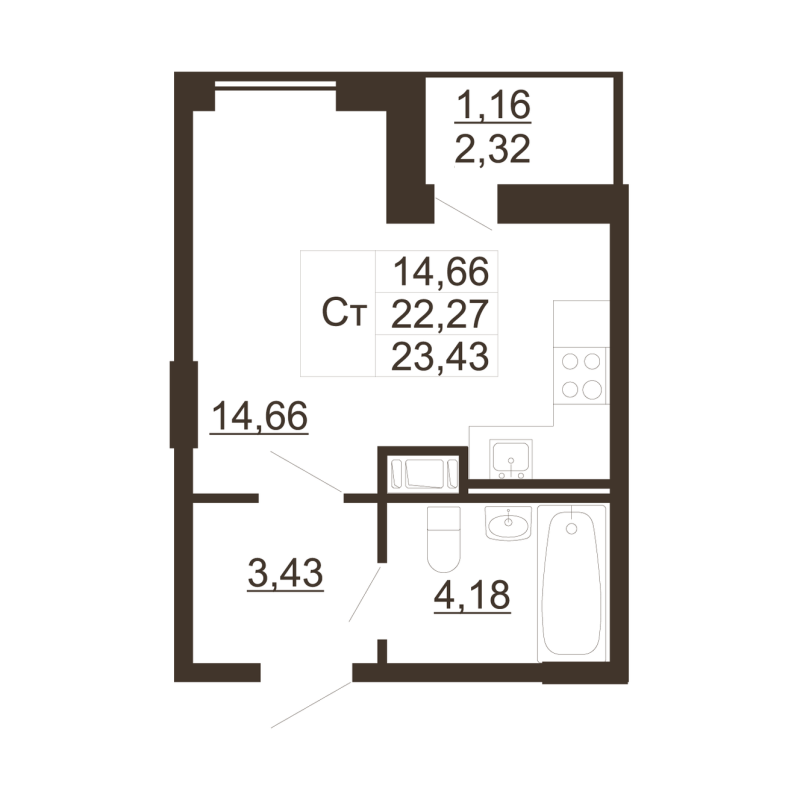 Студия 22,1 м²