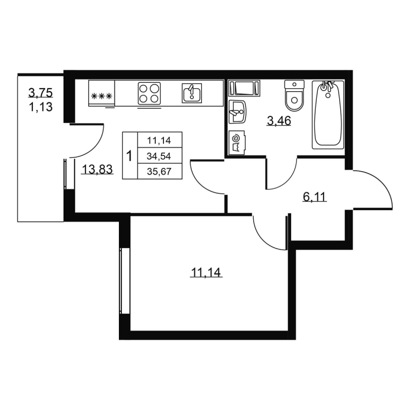 1 ккв 35,7 м²