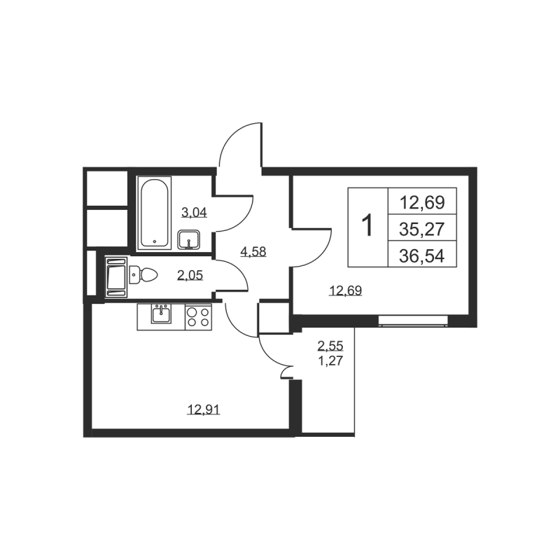 1 ккв 36,5 м²