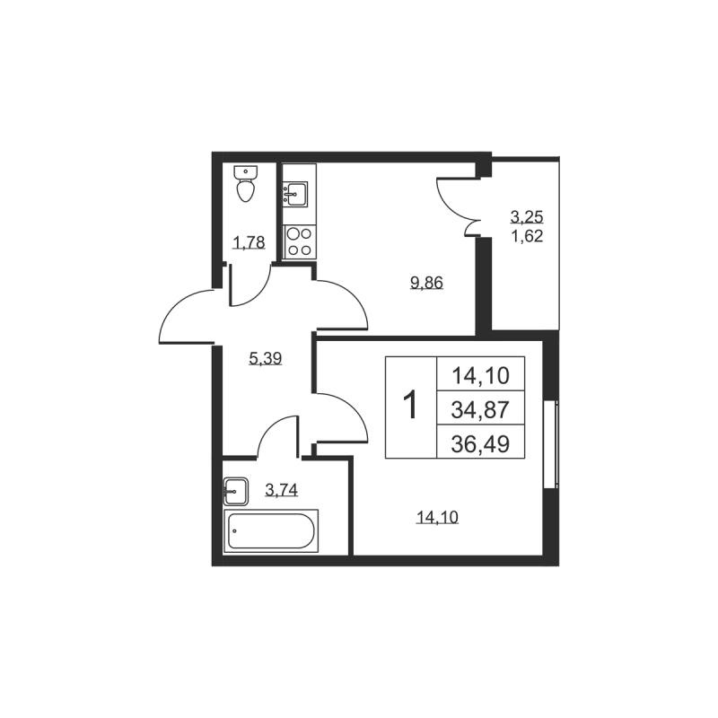 1 ккв 36,5 м²