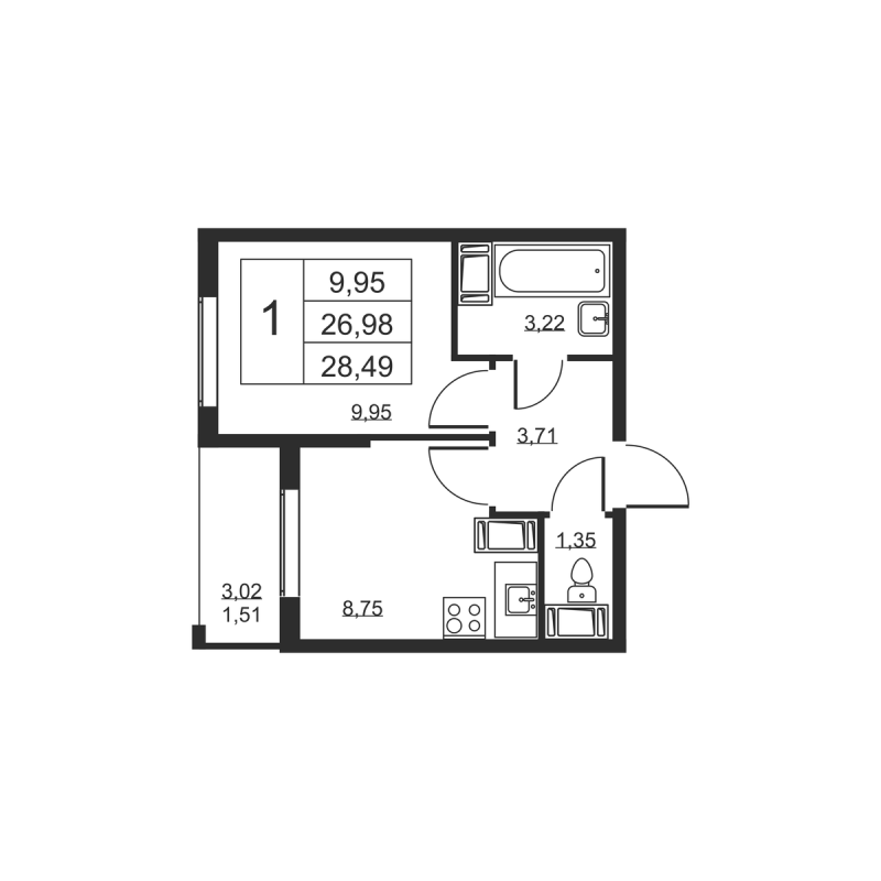 1 ккв 28,5 м²