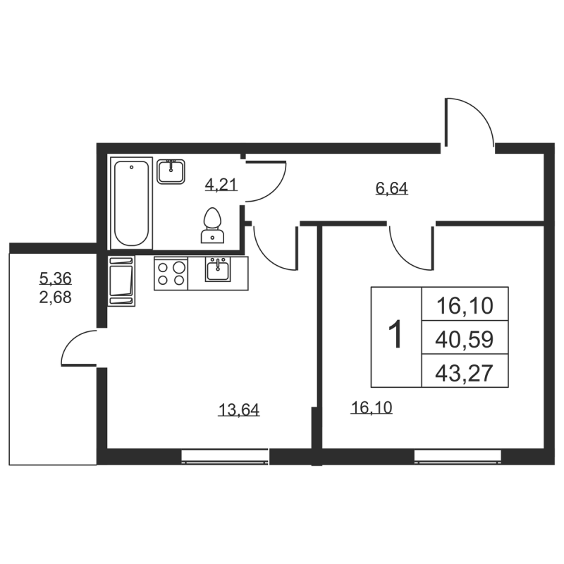 1 ккв 43,3 м²