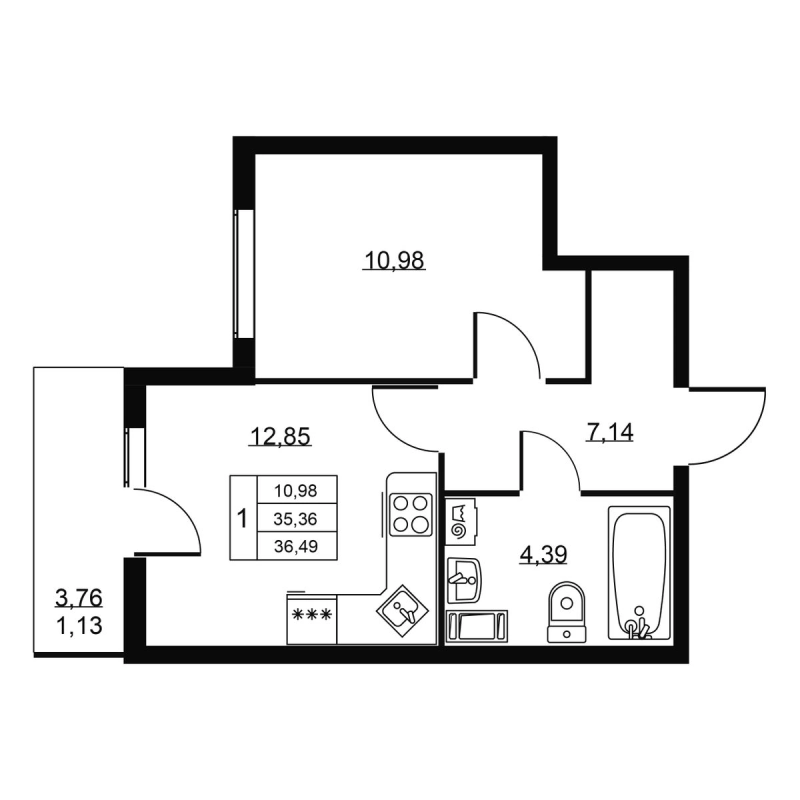 1 ккв 36,5 м²