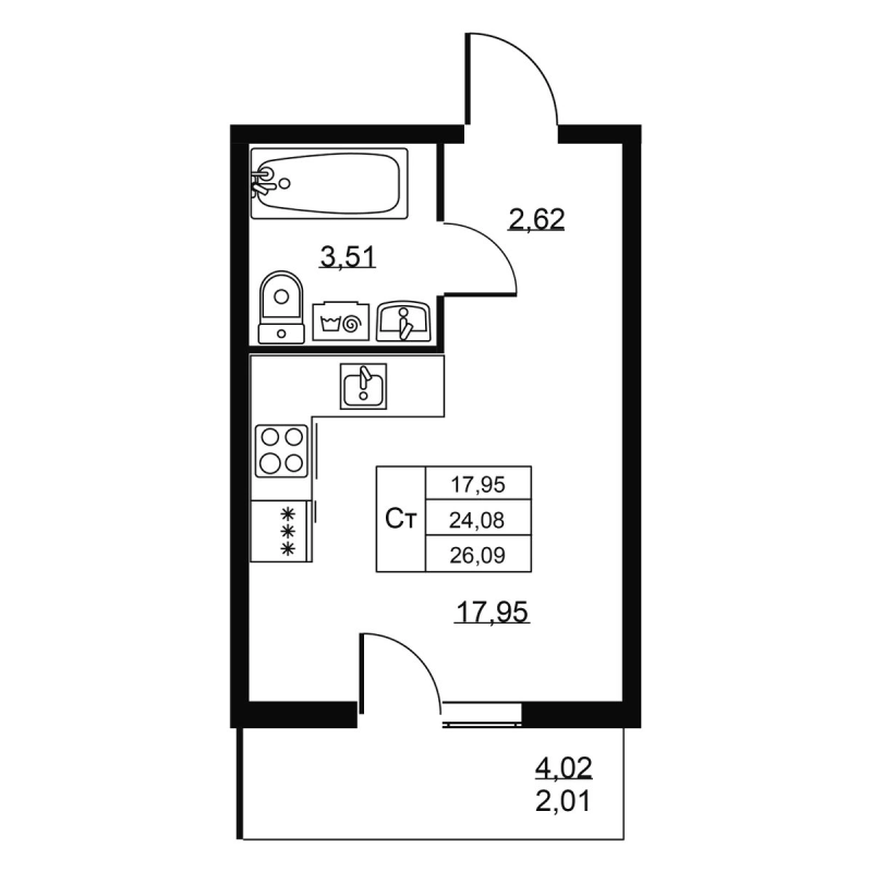Студия 26,1 м²