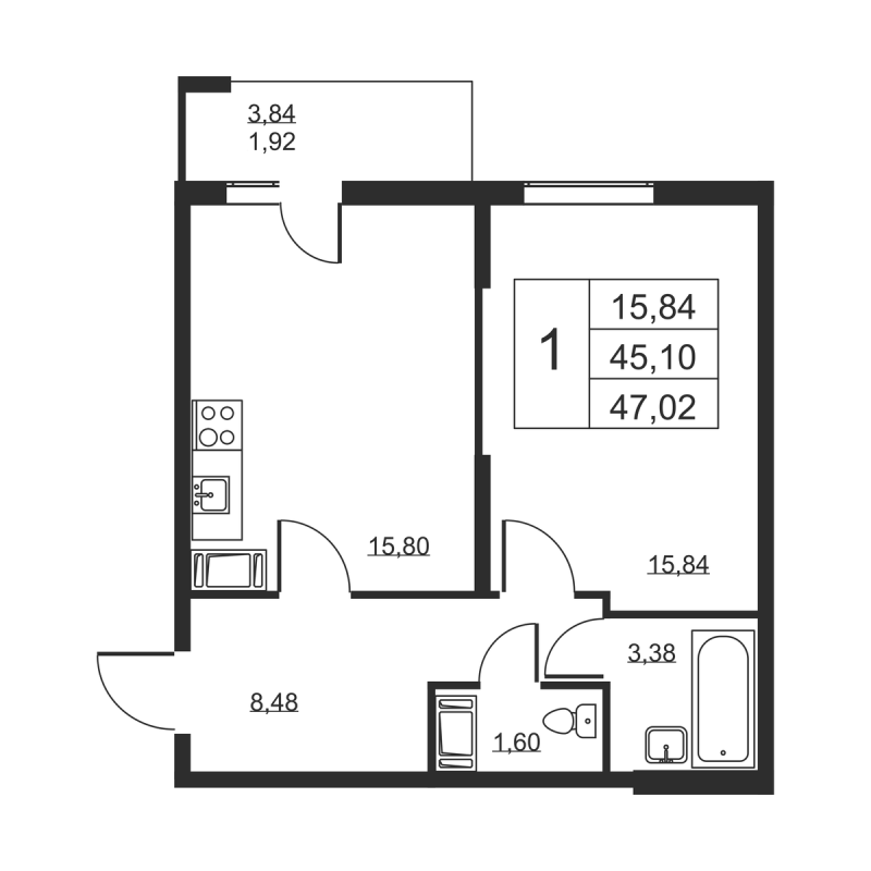 2 ккв (Евро) 47 м²