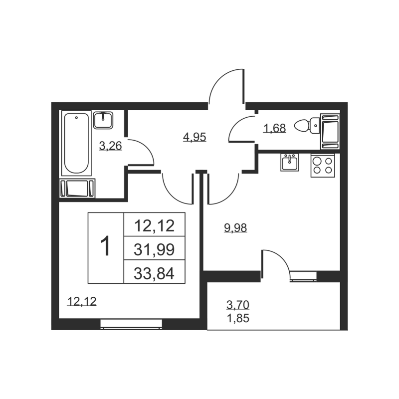 1 ккв 33,8 м²
