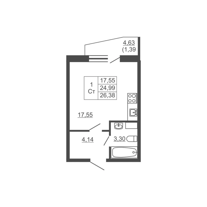 Студия 25,4 м²