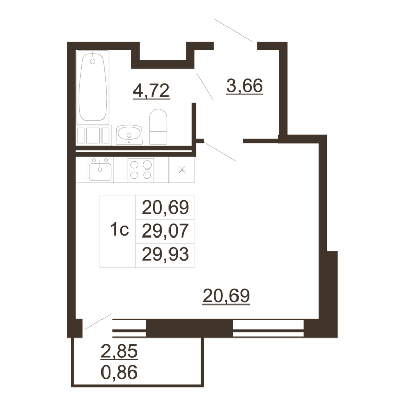 Студия 29,9 м²