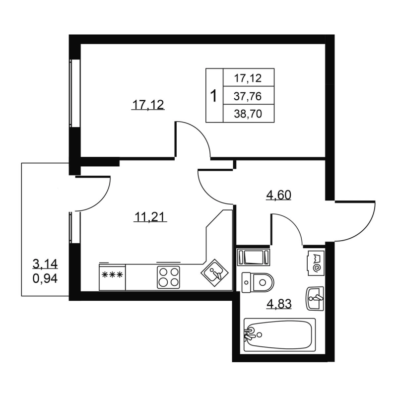1 ккв 38,7 м²