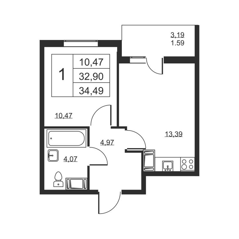 1 ккв 34,5 м²