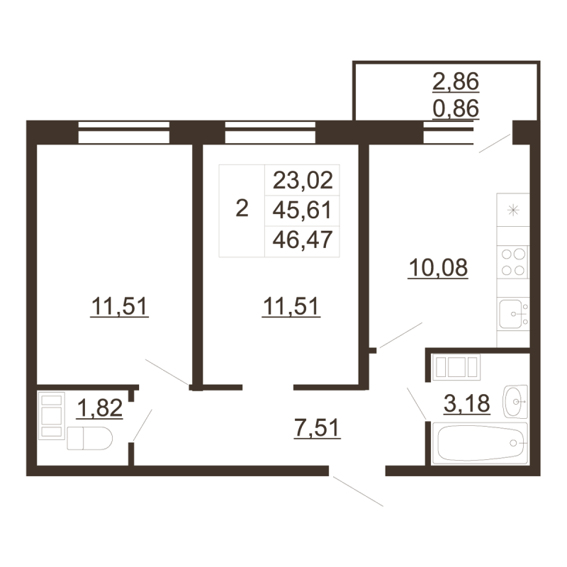2 ккв 46,5 м²