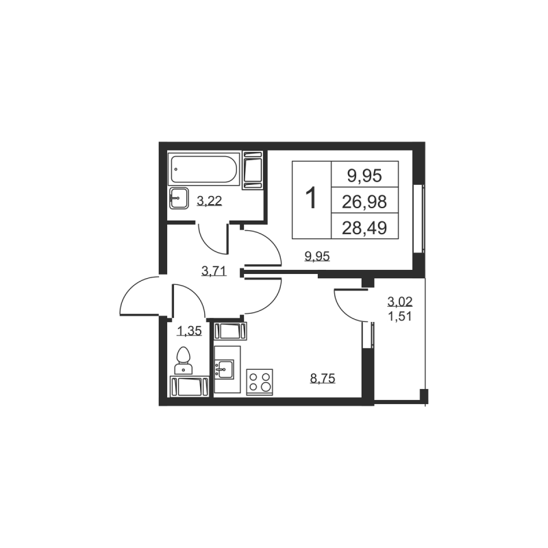 1 ккв 28,5 м²