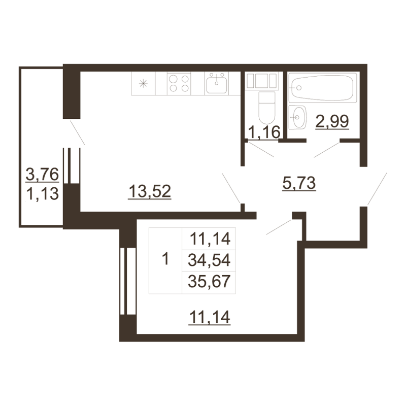 1 ккв 35,7 м²