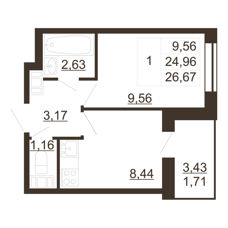 1 ккв 26,7 м²