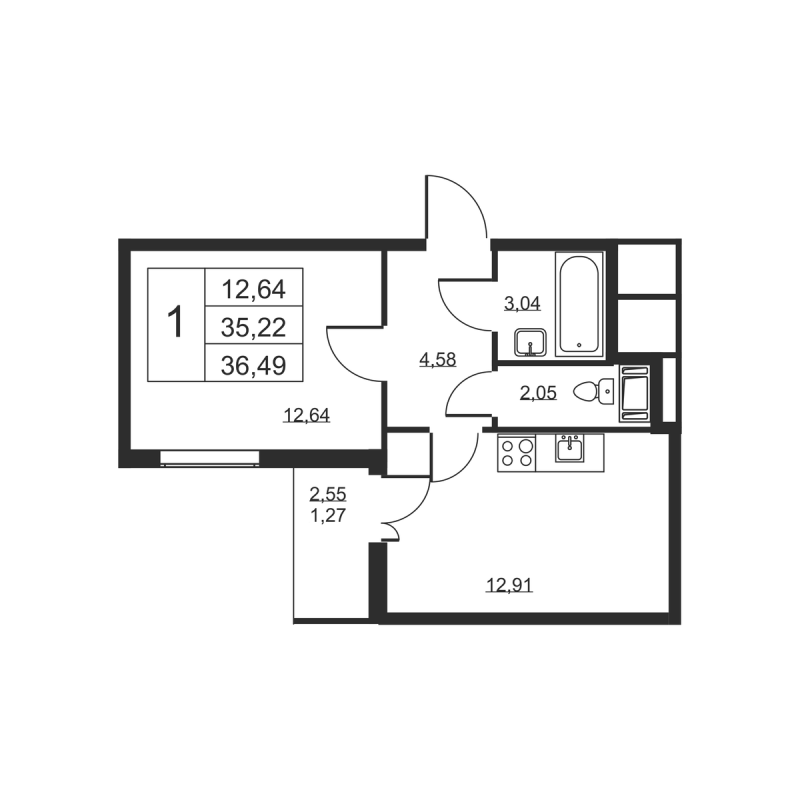 1 ккв 36,5 м²